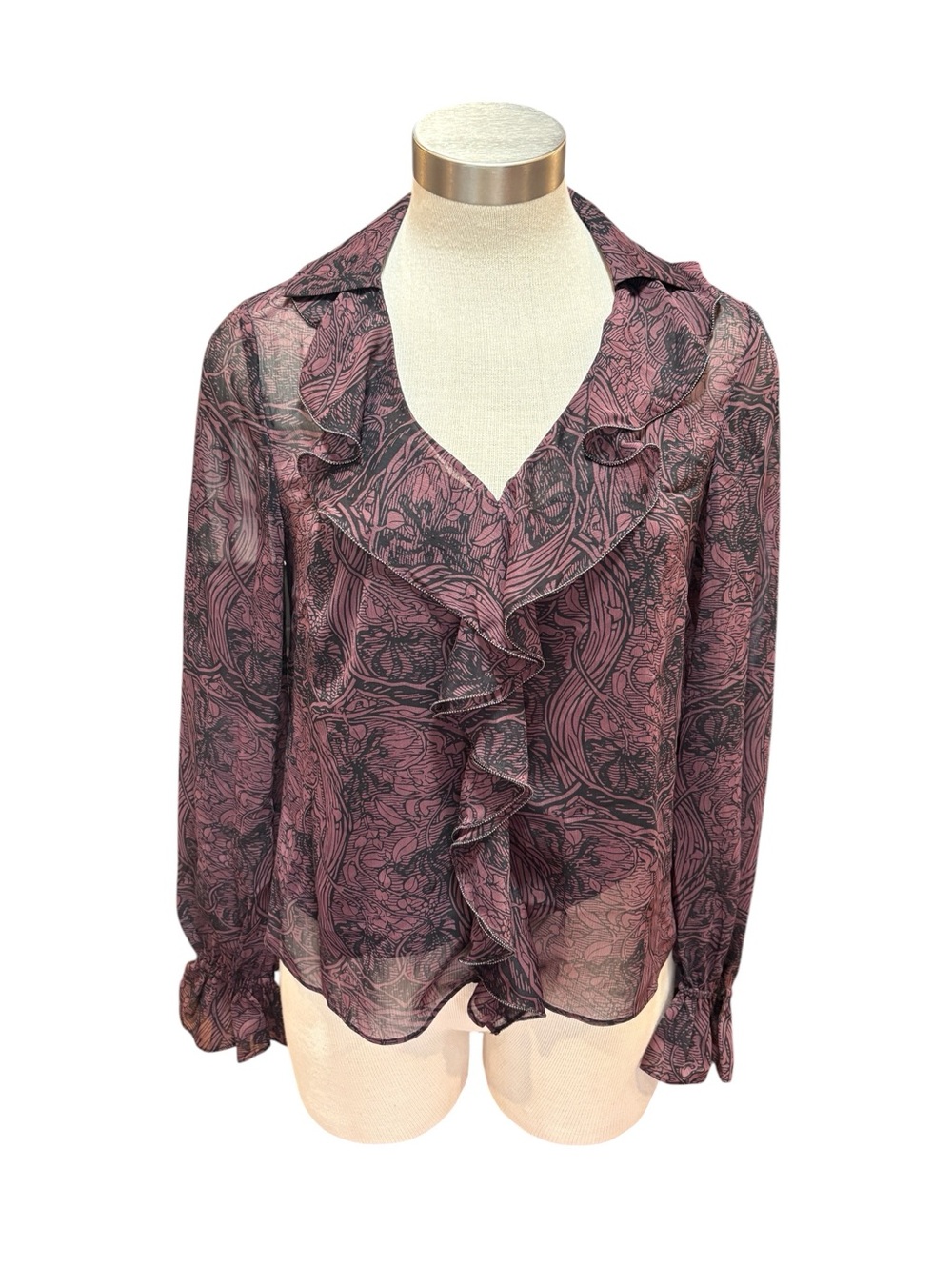 NWT Ted Baker Womens Blouse Coryiah Sheer Ruffle-Front Purple Floral Sz. 1 XS